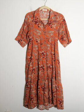 Natural Life Rebecca Tiered Midi Dress Small Orange Floral Boho Hippie Prairie